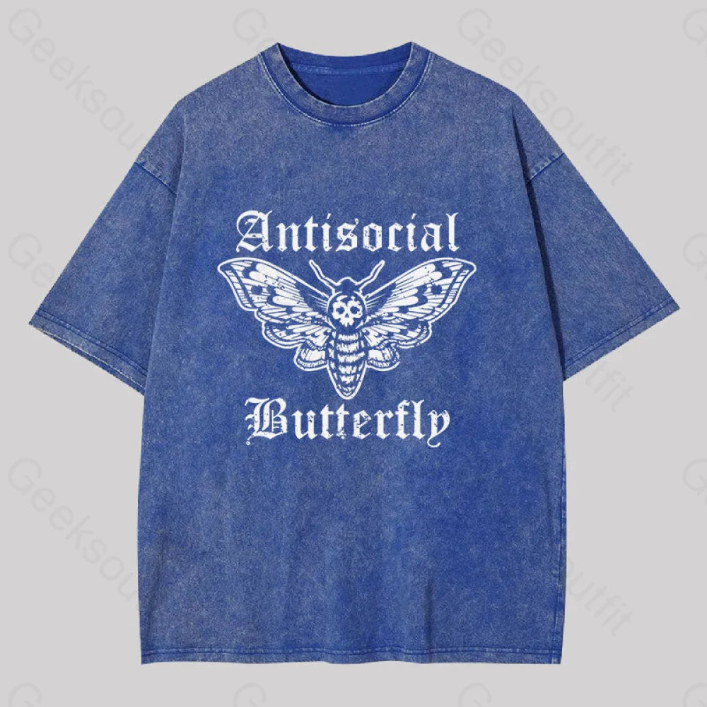 Funny Antisocial Butterfly Washed T-Shirt Blue / S