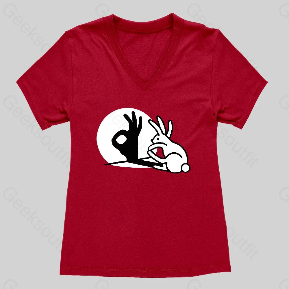 Funny Bunny OK Hand Shadow Women's V-Neck T-shirt - Geeksoutfit