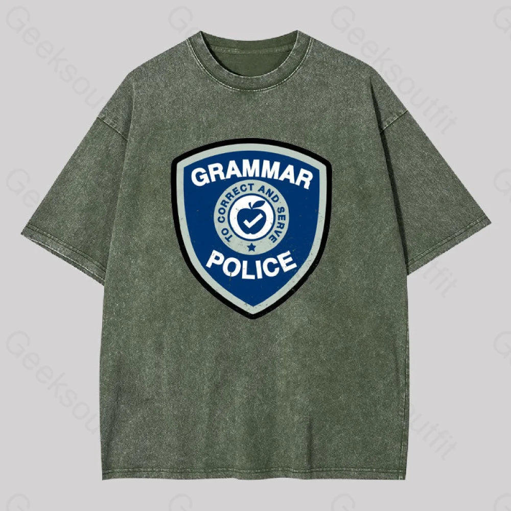 Grammar Police Badge Funny Saying Washed T-Shirt Army Green / S