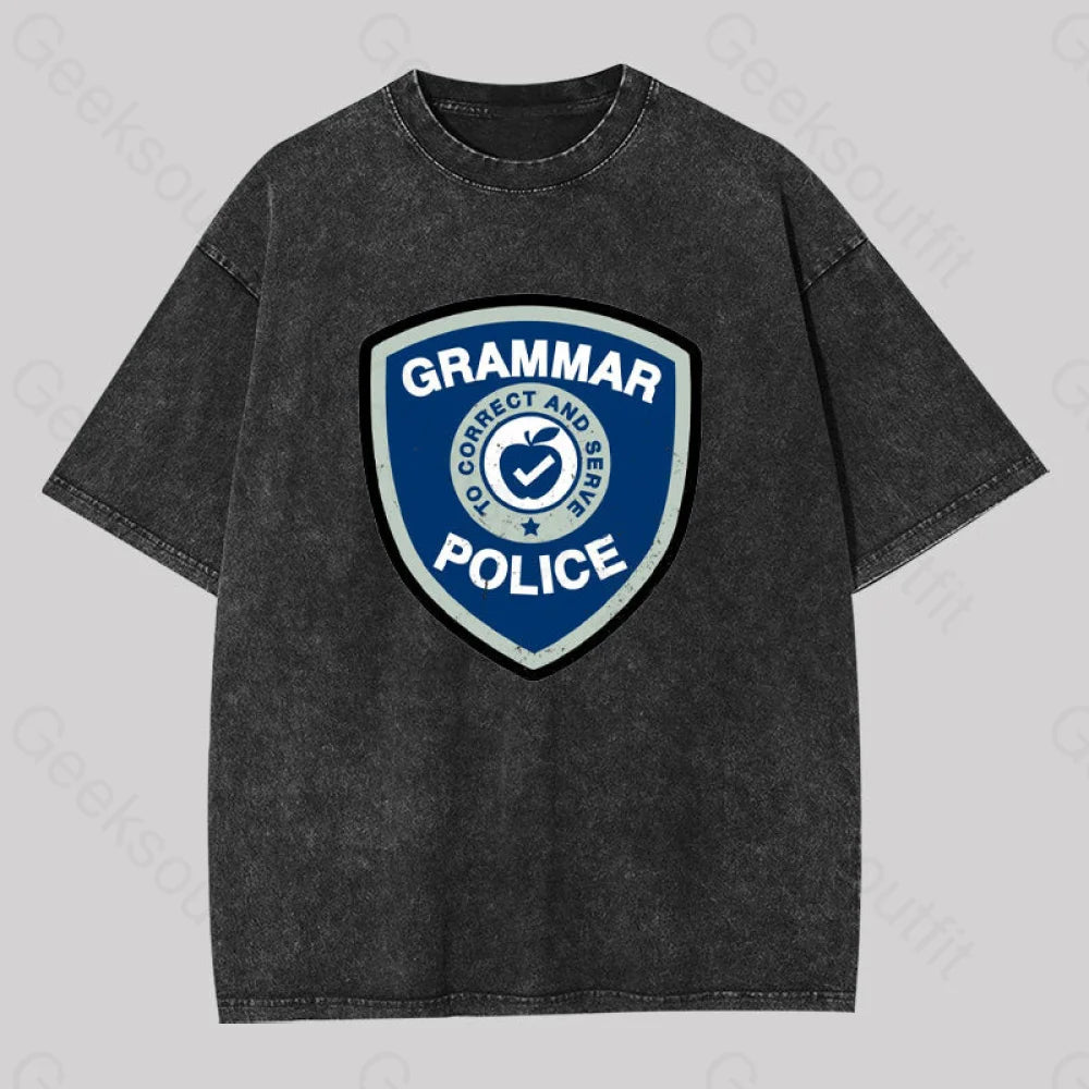 Grammar Police Badge Funny Saying Washed T-Shirt Black / S