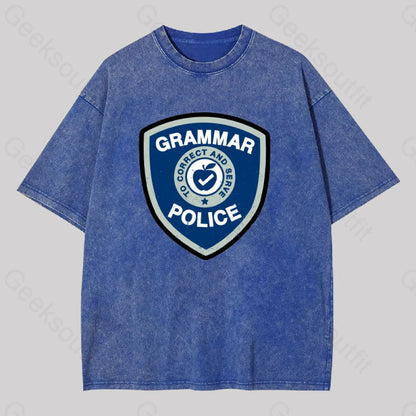 Grammar Police Badge Funny Saying Washed T-Shirt Blue / S