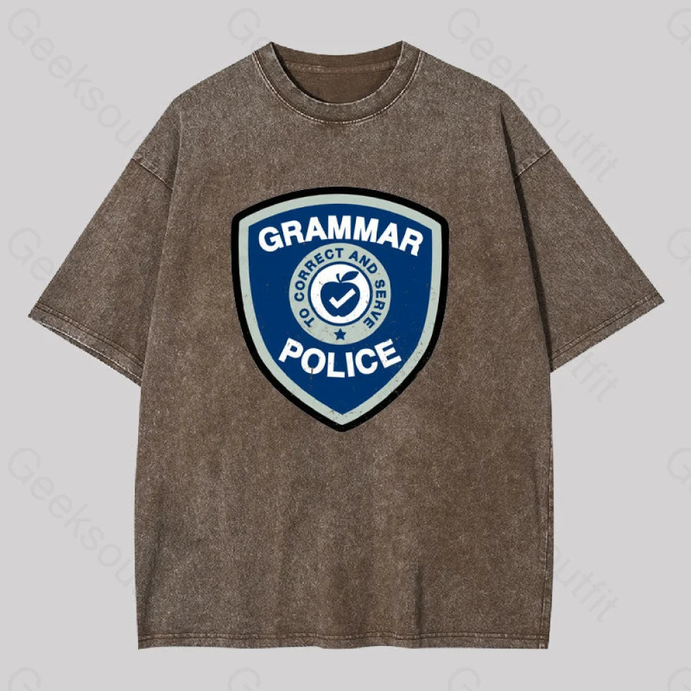 Grammar Police Badge Funny Saying Washed T-Shirt Coffee / S