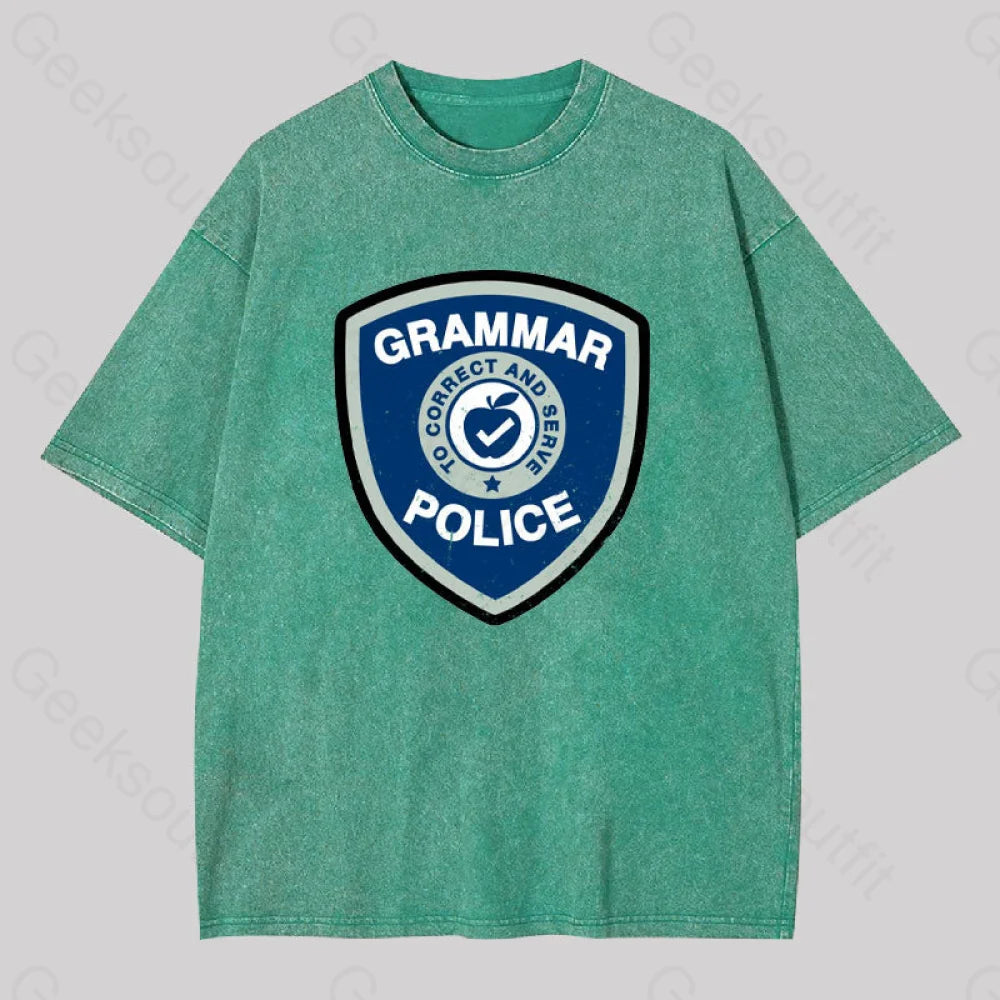 Grammar Police Badge Funny Saying Washed T-Shirt Grass Green / S