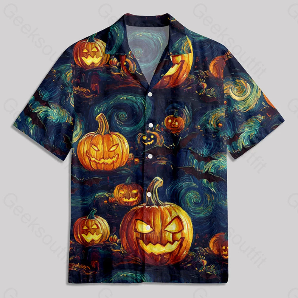 Halloween Pumpkin Lantern Van Gogh Style Button Up Pocket Shirt Hawaiian / S Bus645 Yc