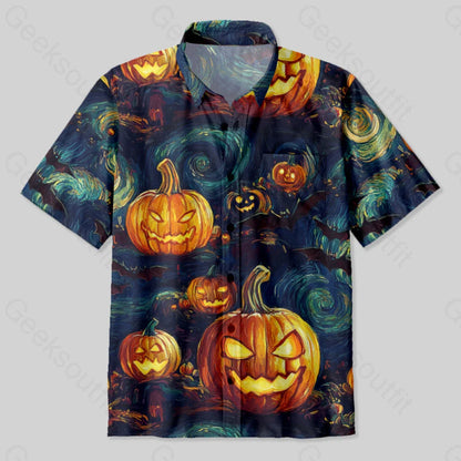 Halloween Pumpkin Lantern Van Gogh Style Button Up Pocket Shirt Up / S Bus645 Yc