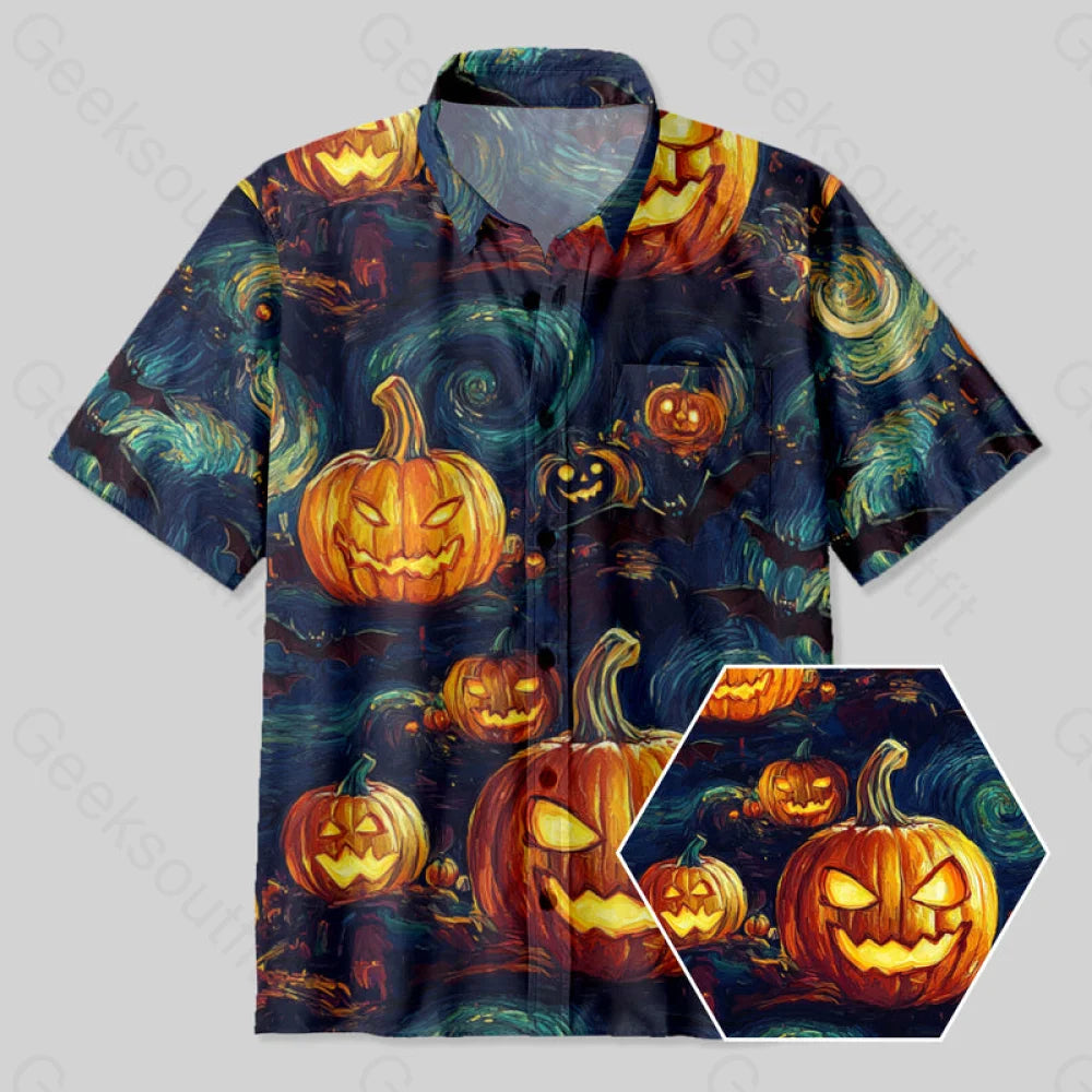 Halloween Pumpkin Lantern Van Gogh Style Button Up Pocket Shirt Yc