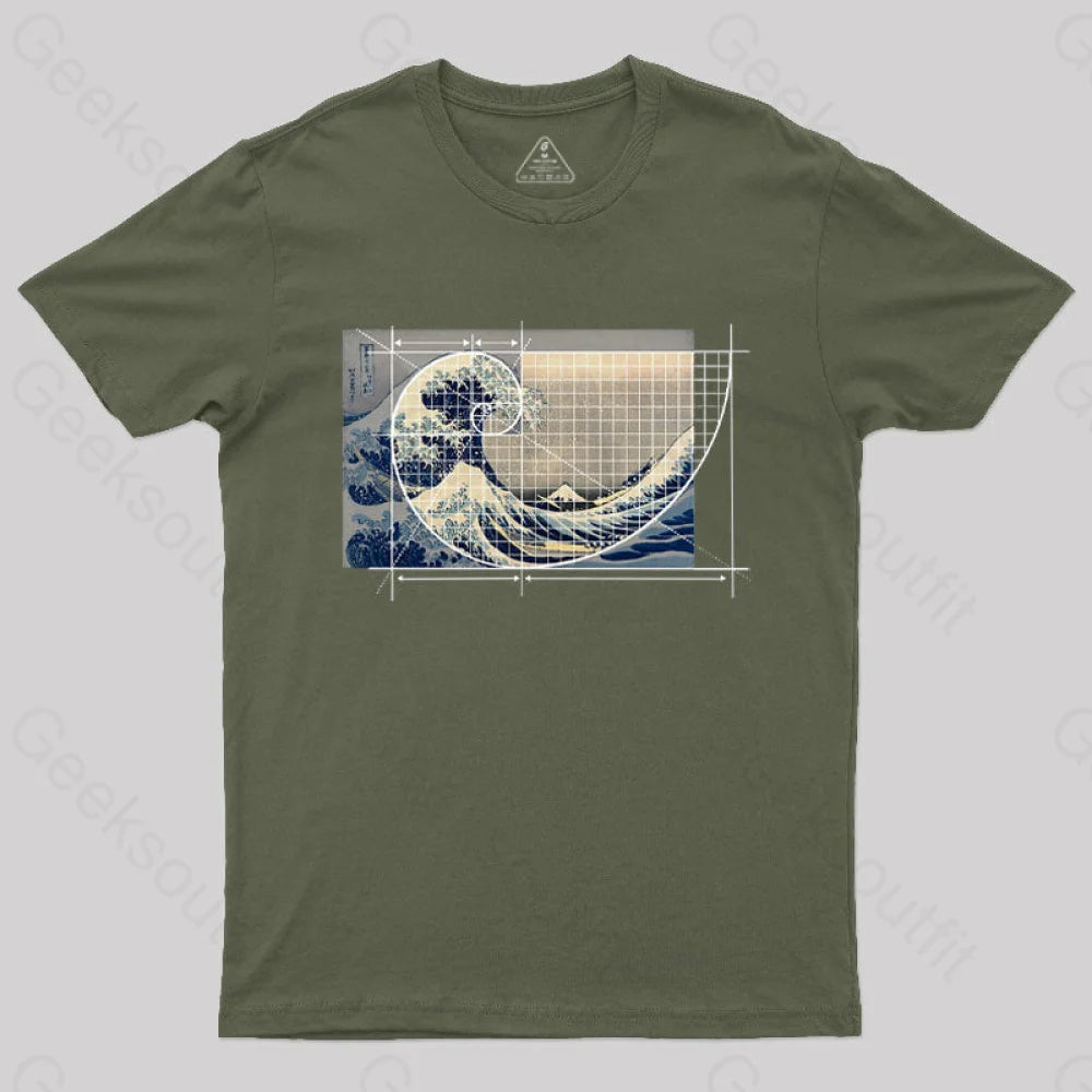 Hokusai Meets Fibonacci Geek T-Shirt Army Green / S