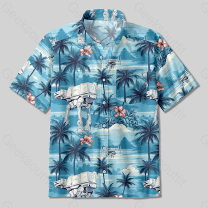 AT-AT Blue Hawaiian Beach Button Up Pocket Shirt - Geeksoutfit