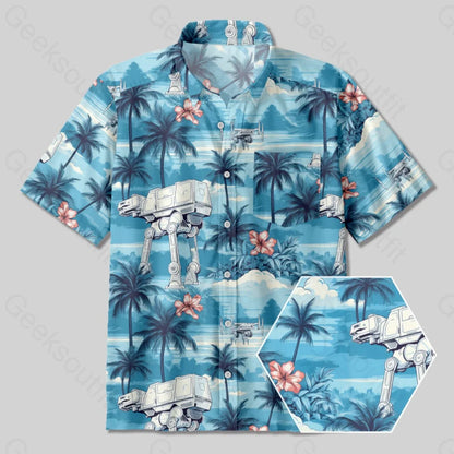 AT-AT Blue Hawaiian Beach Button Up Pocket Shirt - Geeksoutfit