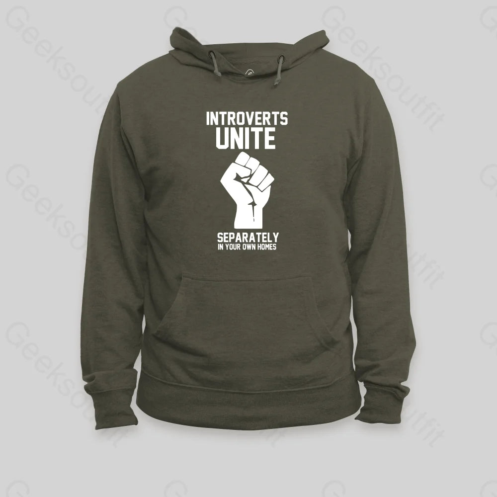 Introverts Unite Hoodie Army Green / S