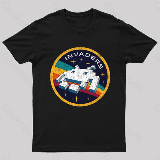 Invaders Video Game Space Patch Nerd T-Shirt Black / S