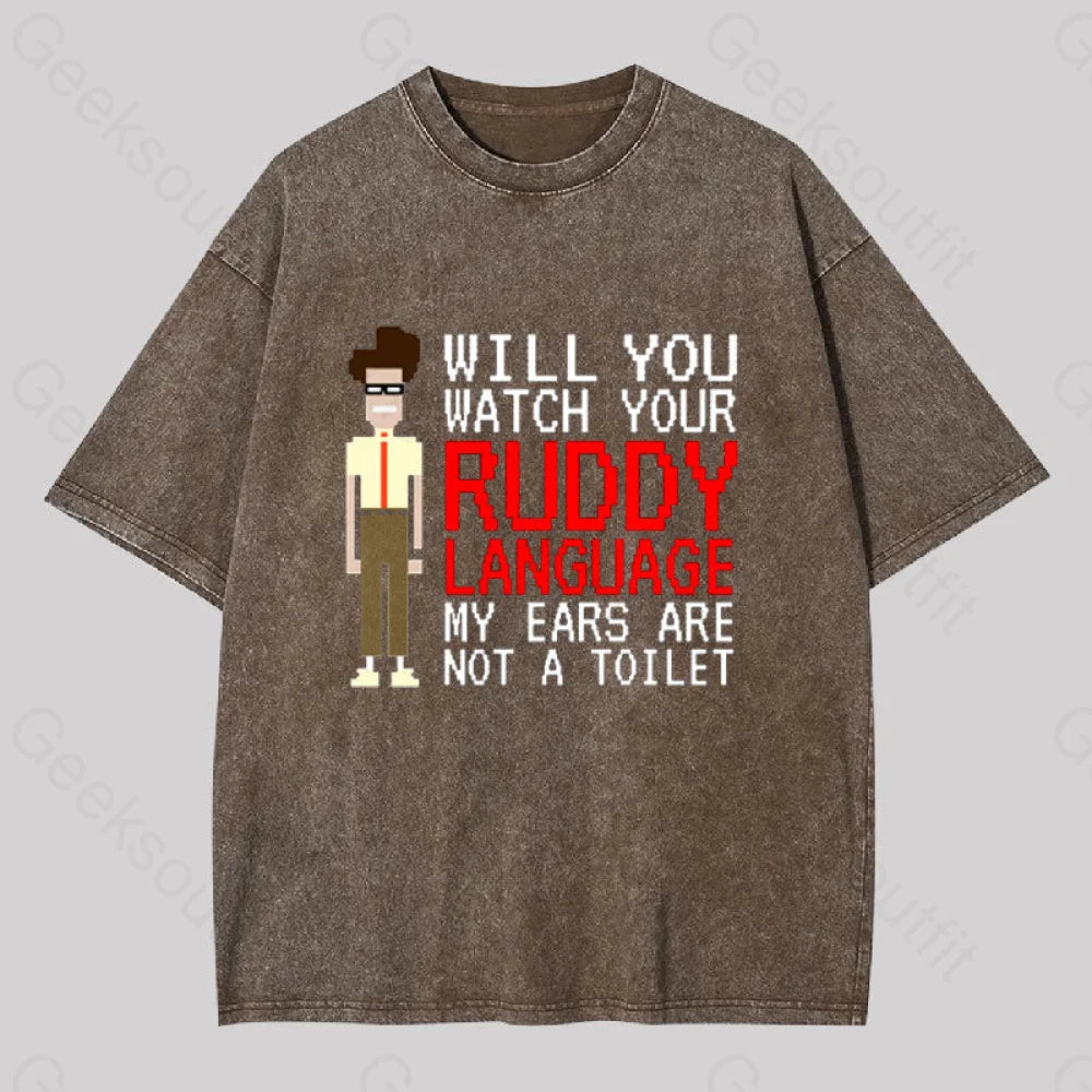 It Crowd - Watch Your Ruddy Language Geek Washed T-Shirt Coffee / S