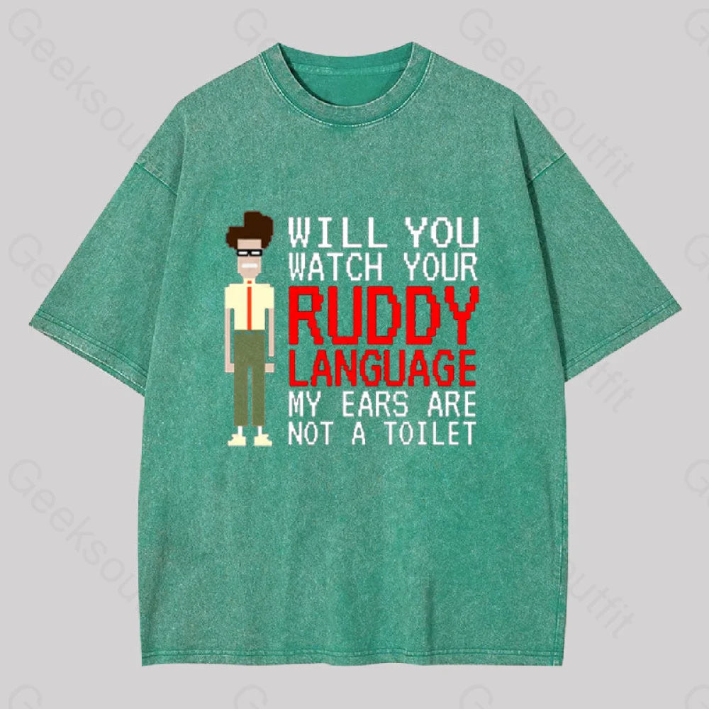 It Crowd - Watch Your Ruddy Language Geek Washed T-Shirt Grass Green / S