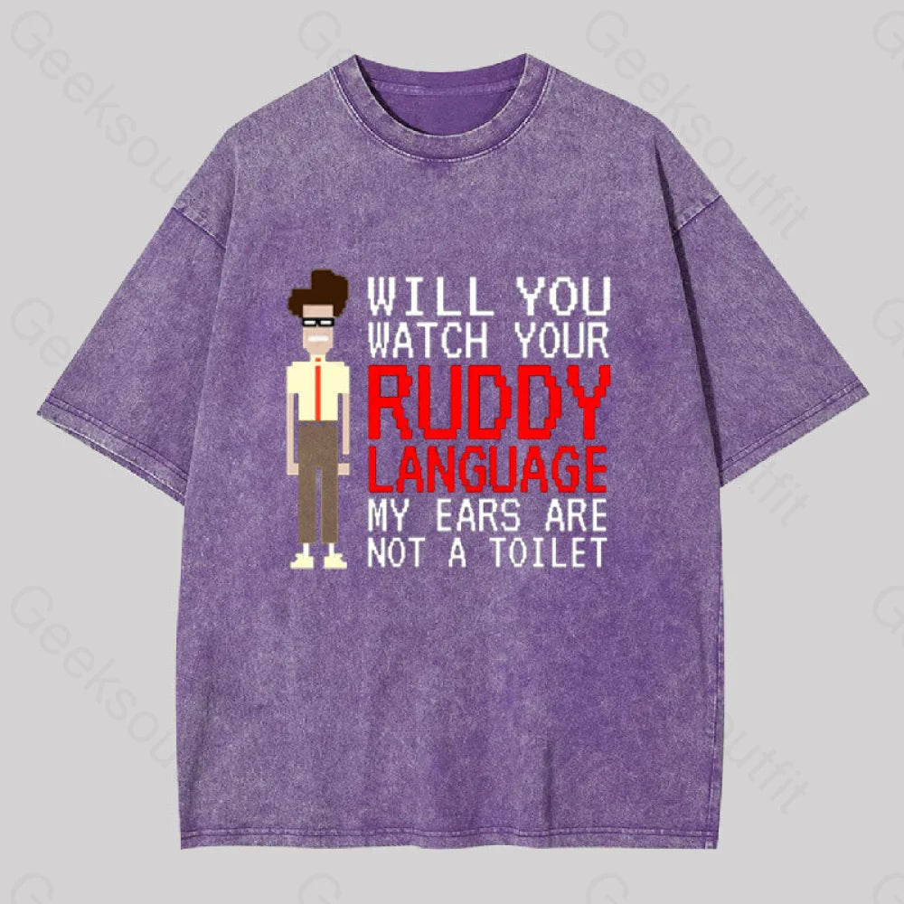 It Crowd - Watch Your Ruddy Language Geek Washed T-Shirt Purple / S