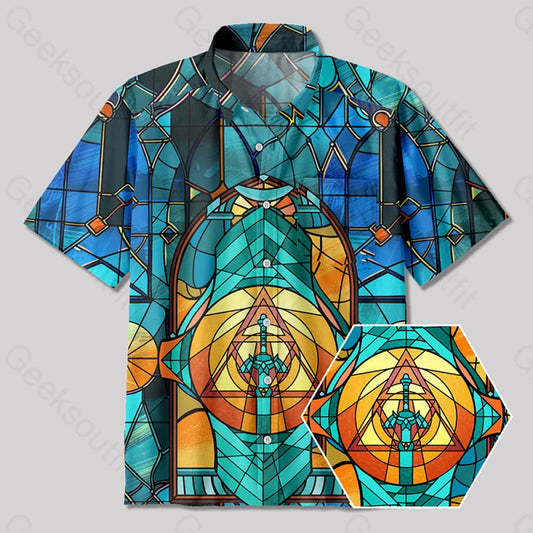 Master Sword Gothic Stained Glass Window Grilles Button Up Pocket Shirt Yc