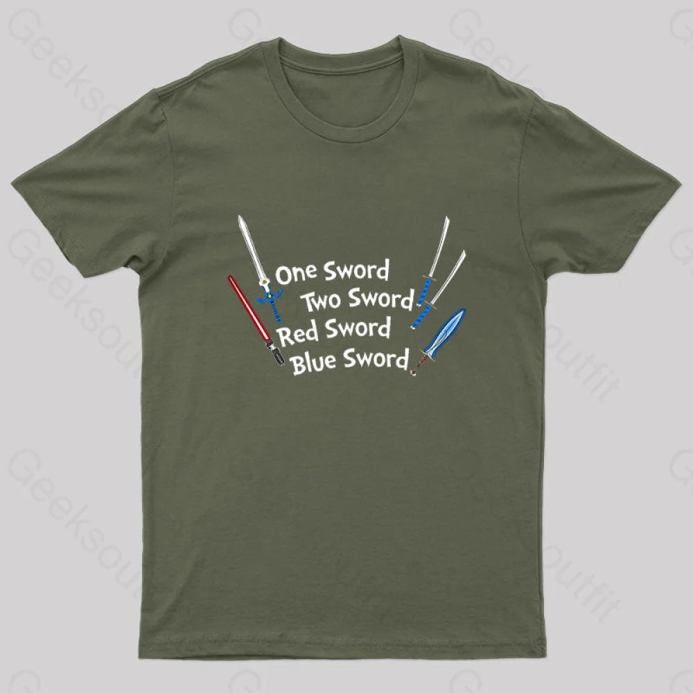 One Sword Two Red Blue Geek T-Shirt Army Green / S