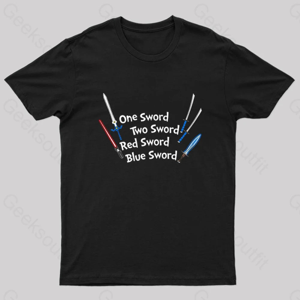 One Sword Two Red Blue Geek T-Shirt Black / S