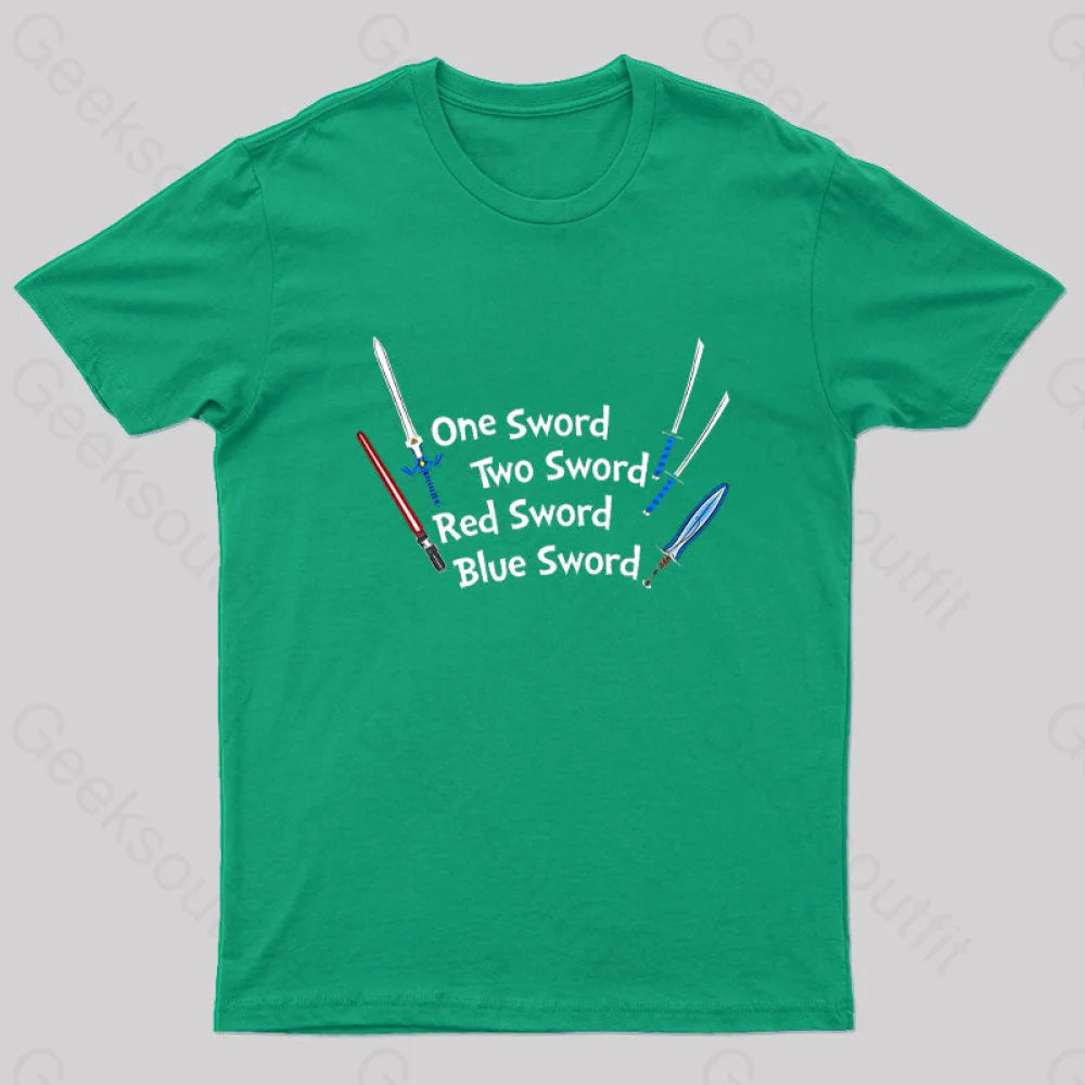 One Sword Two Red Blue Geek T-Shirt Green / S