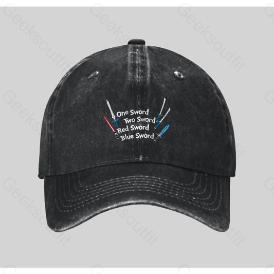 One Sword Two Red Blue Washed Vintage Baseball Cap Black