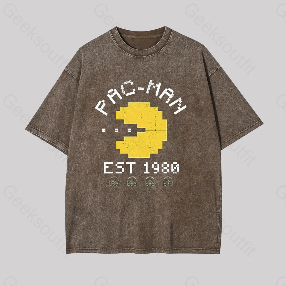 Pac Man Est 1980 Geek Washed T-Shirt Coffee / S