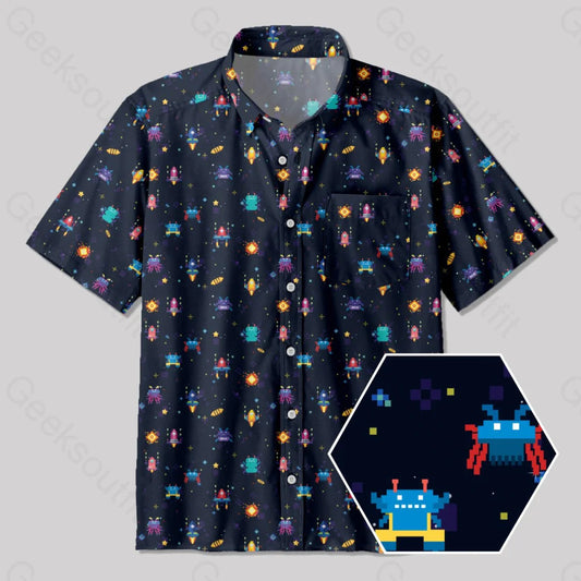 Pixel Style Retro Game Button Up Pocket Shirt