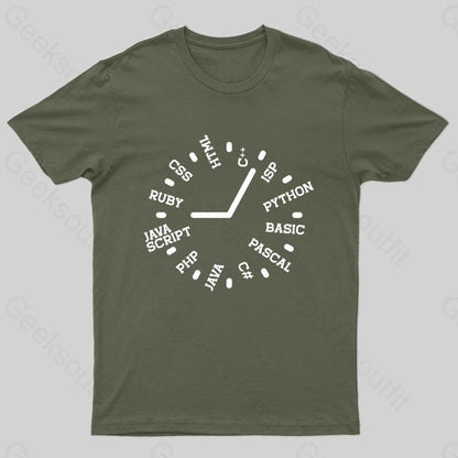 Programmer Clock Nerd T-Shirt Army Green / S