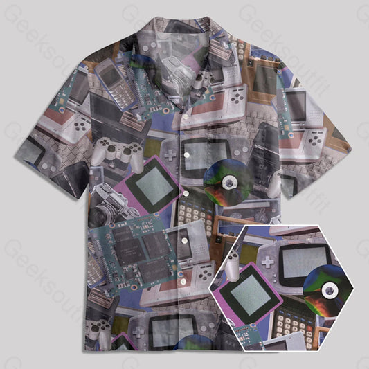 Retro Gaming Consoles And Tech Gadgets Button Up Pocket Shirt Yc