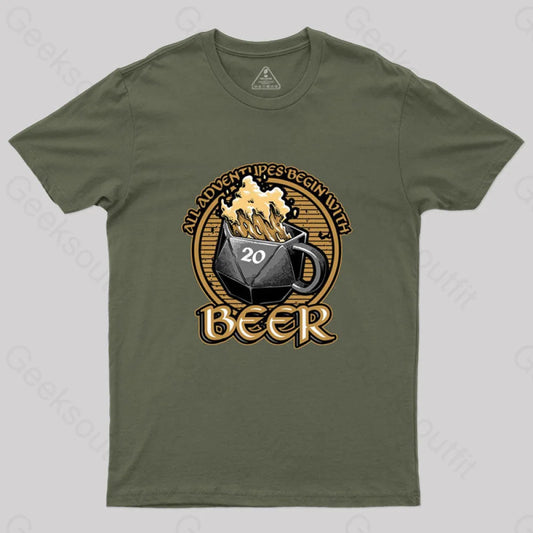 Rpg - All Adventures Begin With Beer T-Shirt Army Green / S