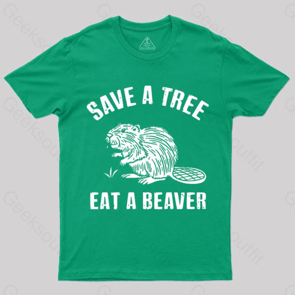 Save A Tree Eat Beaver Nerd T-Shirt Green / S