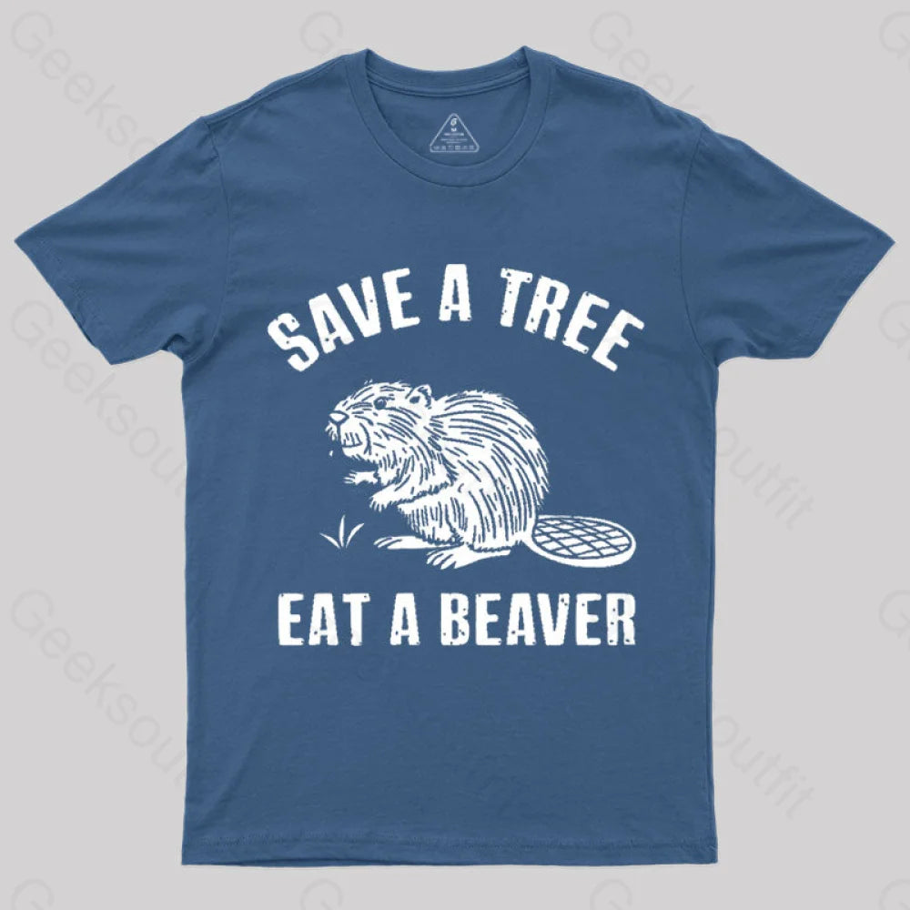 Save A Tree Eat Beaver Nerd T-Shirt Navy / S