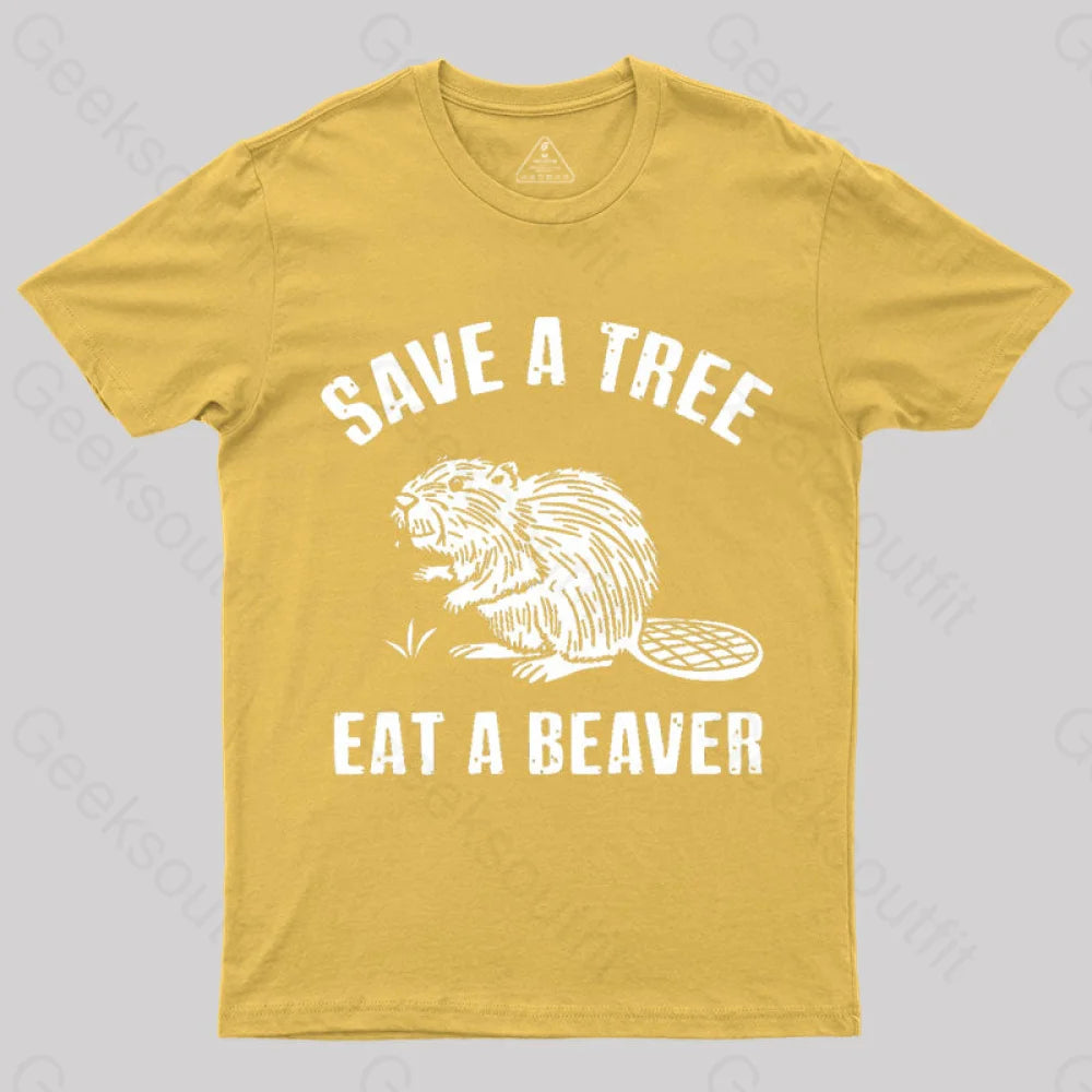 Save A Tree Eat Beaver Nerd T-Shirt Yellow / S