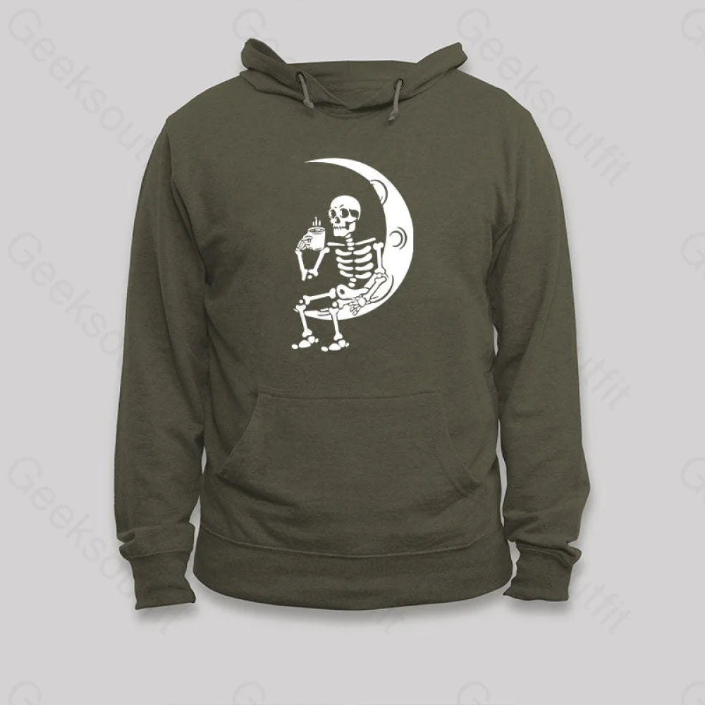 Skeleton Drinking Coffee On The Moon Hoodie Army Green / S