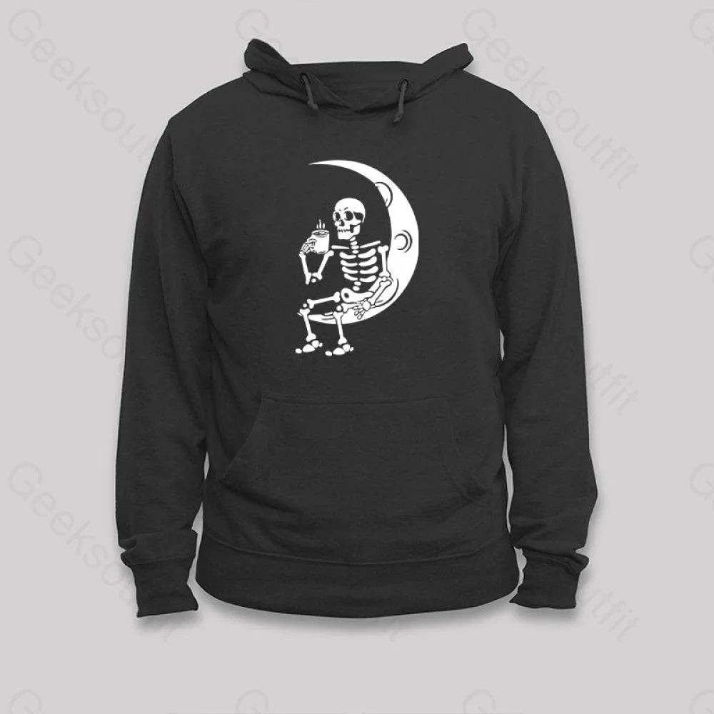 Skeleton Drinking Coffee On The Moon Hoodie Black / S