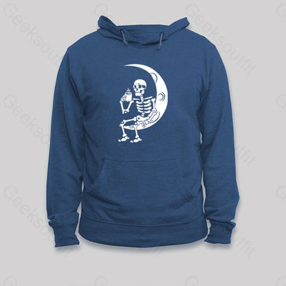 Skeleton Drinking Coffee On The Moon Hoodie Dark Blue / S