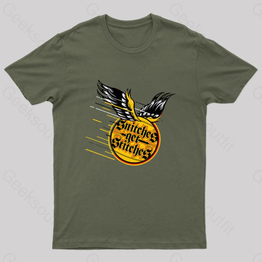 Snitches Get Stitches Nerd T-Shirt Army Green / S