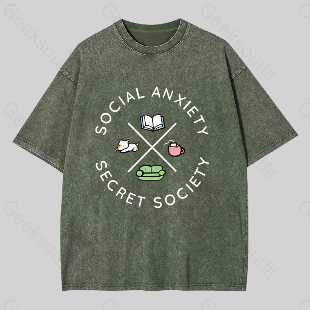 Social Anxiety Secret Society Washed T-Shirt Army Green / S