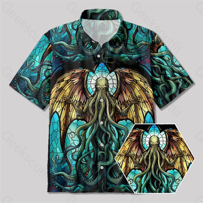 Stained Glass Style Cthulhu Button Up Pocket Shirt Yc