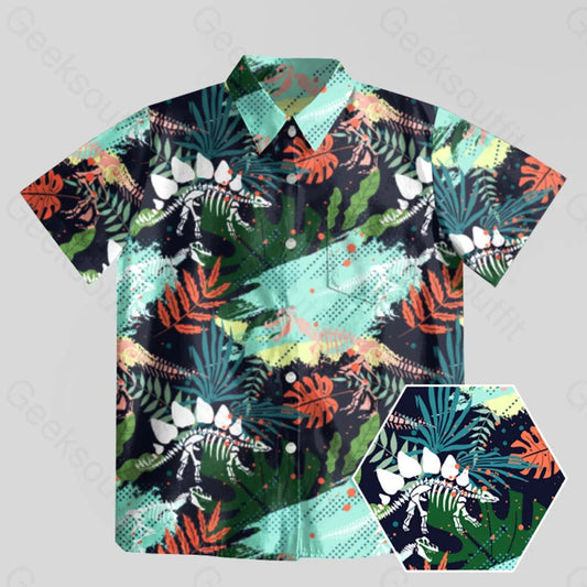 Stegosaurus Bones Footprints Green Dinosaur Button Up Pocket Shirt - Geeksoutfit