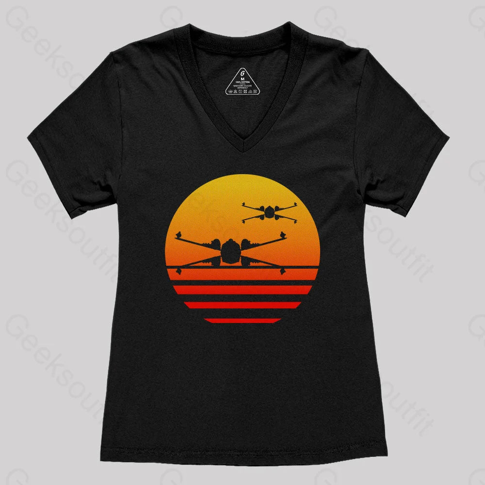 Sunset X-Wing Starfighter Women’s V-Neck T-Shirt Black / S