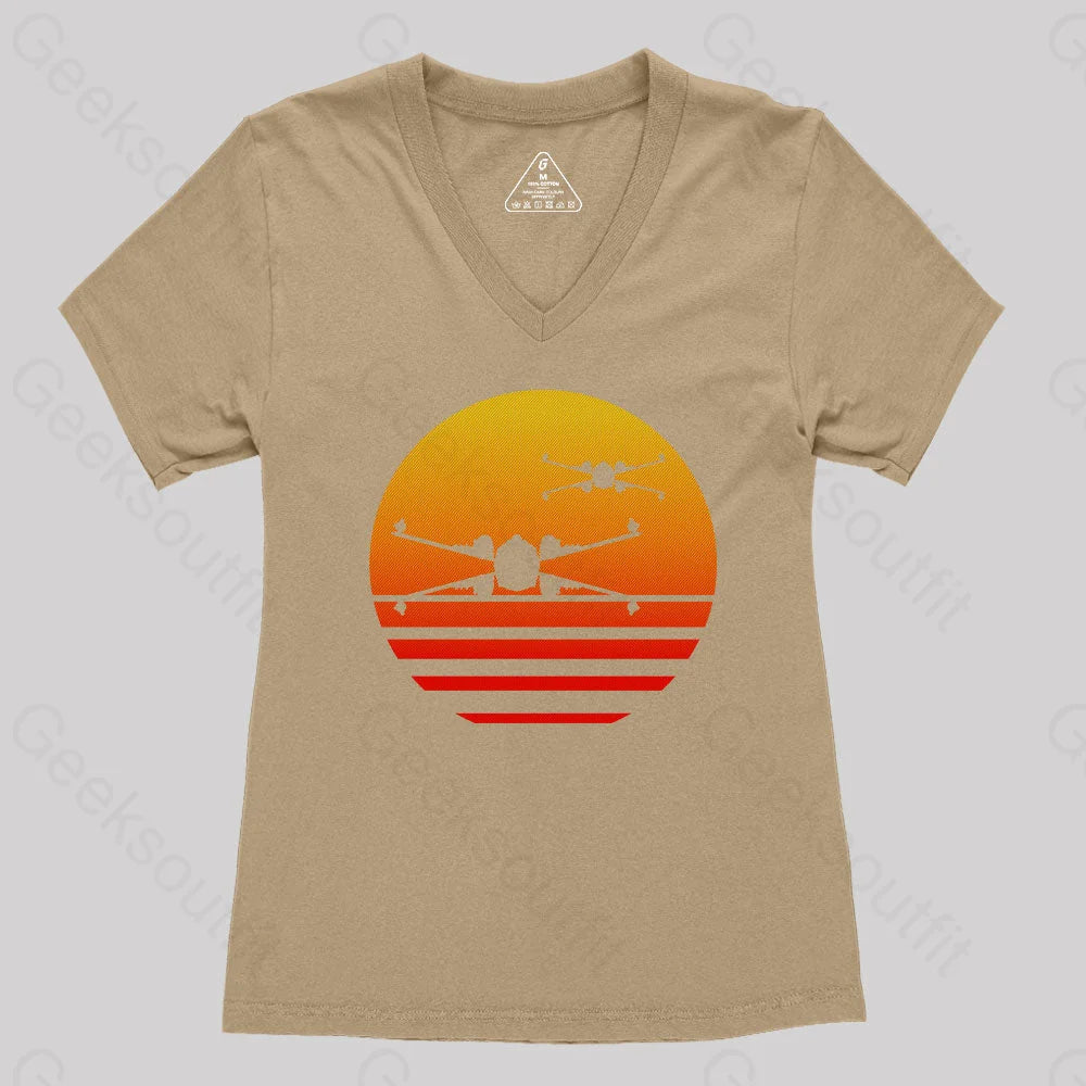 Sunset X-Wing Starfighter Women’s V-Neck T-Shirt Khaki / S