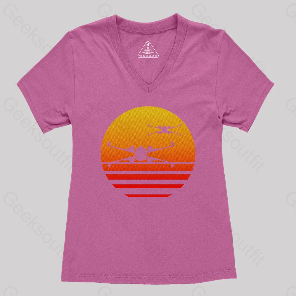 Sunset X-Wing Starfighter Women’s V-Neck T-Shirt Rose Red / S