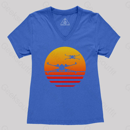 Sunset X-Wing Starfighter Women’s V-Neck T-Shirt Royal Blue / S