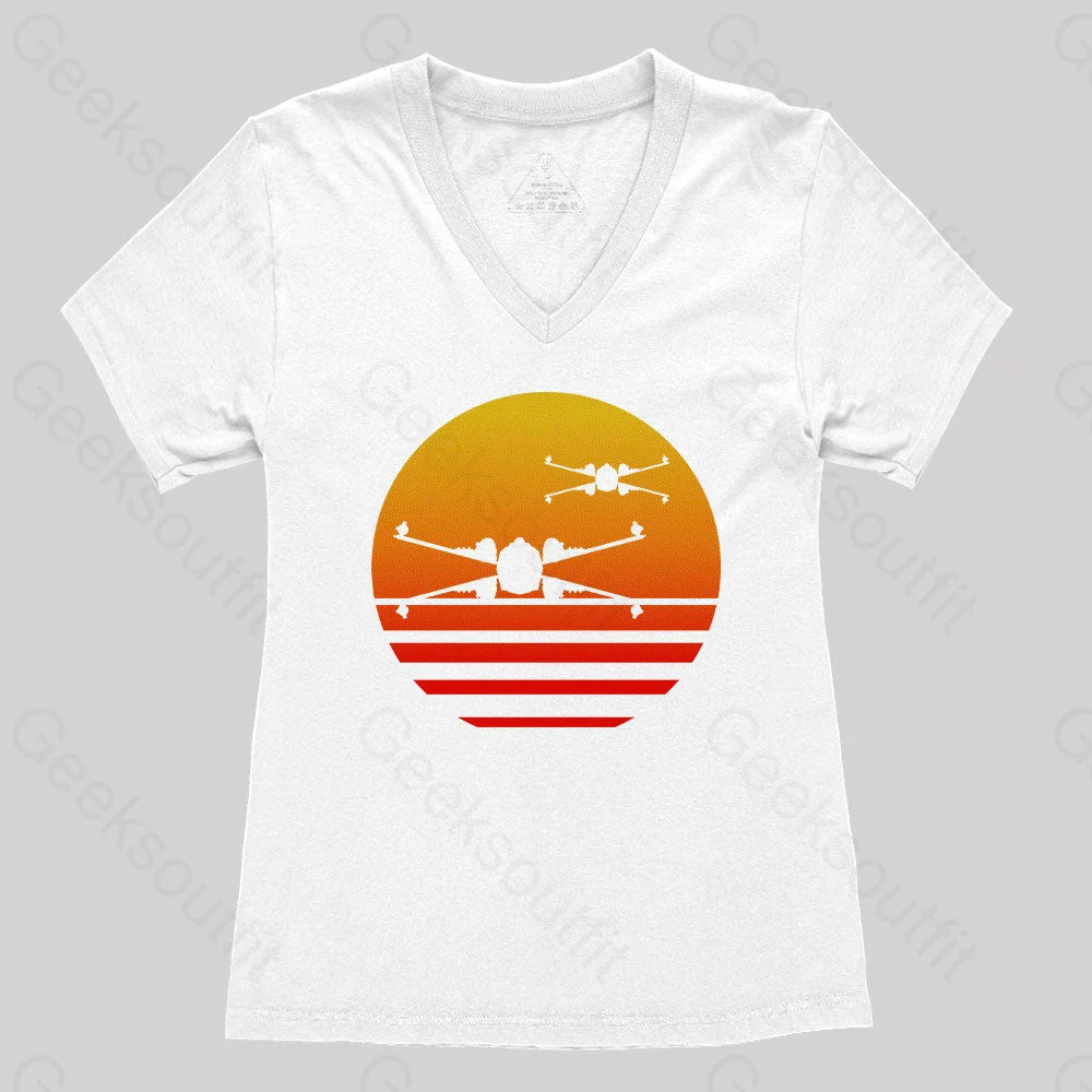 Sunset X-Wing Starfighter Women’s V-Neck T-Shirt White / S