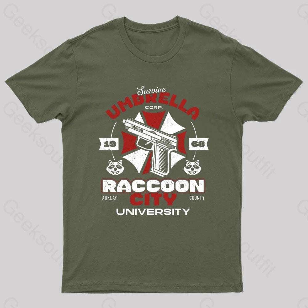 Survive Raccoon University Geek T-Shirt Army Green / S