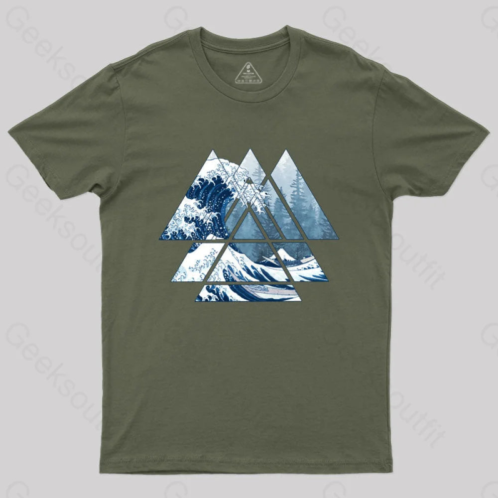 The Great Sacred Geometry Triangles - Misty Forest Wave T-Shirt Army Green / S