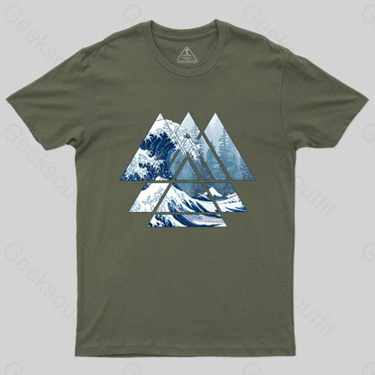 The Great Sacred Geometry Triangles - Misty Forest Wave T-Shirt Army Green / S