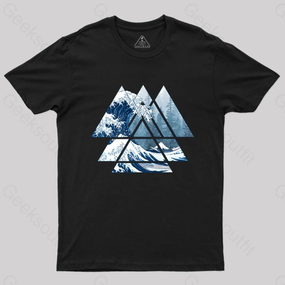 The Great Sacred Geometry Triangles - Misty Forest Wave T-Shirt Black / S