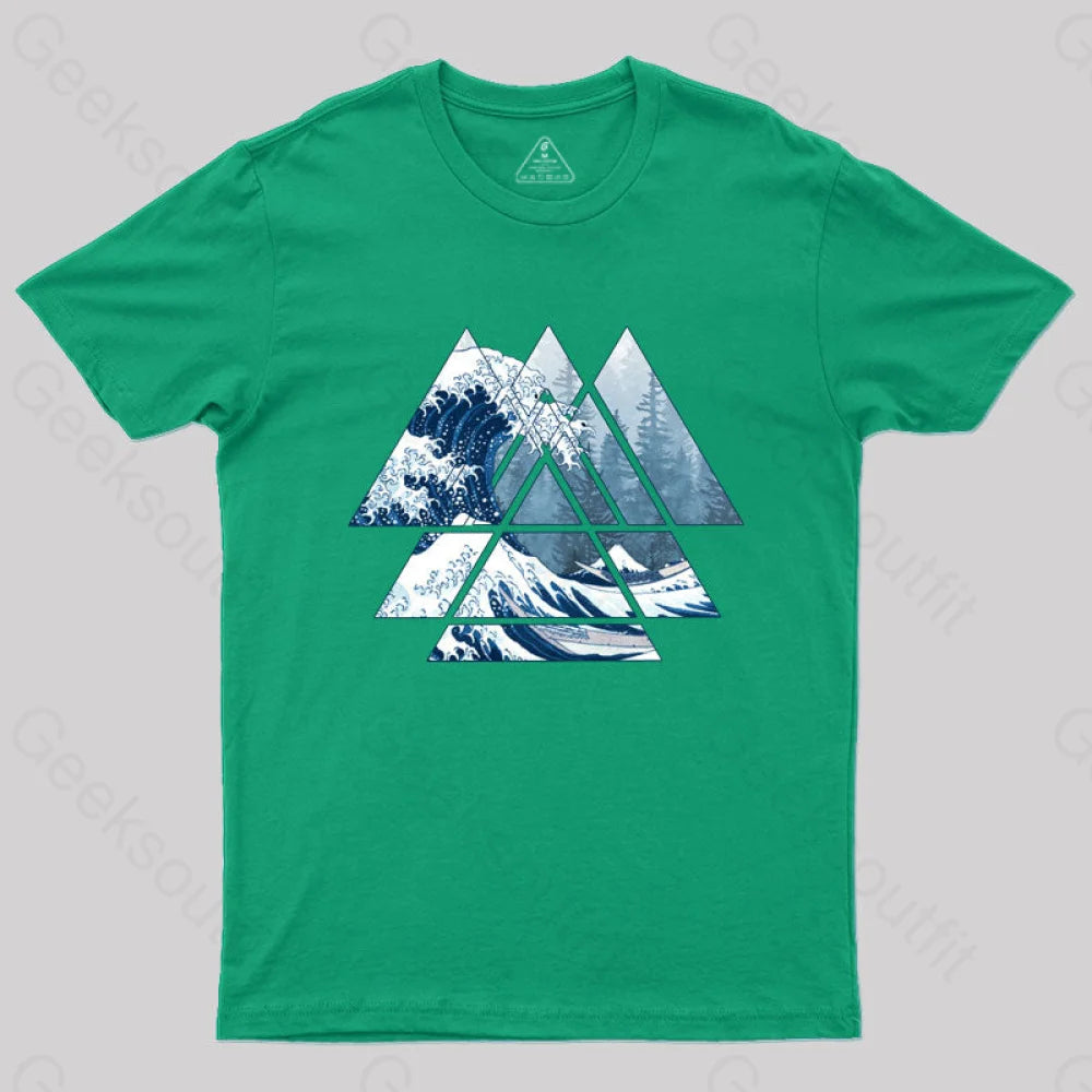 The Great Sacred Geometry Triangles - Misty Forest Wave T-Shirt Green / S