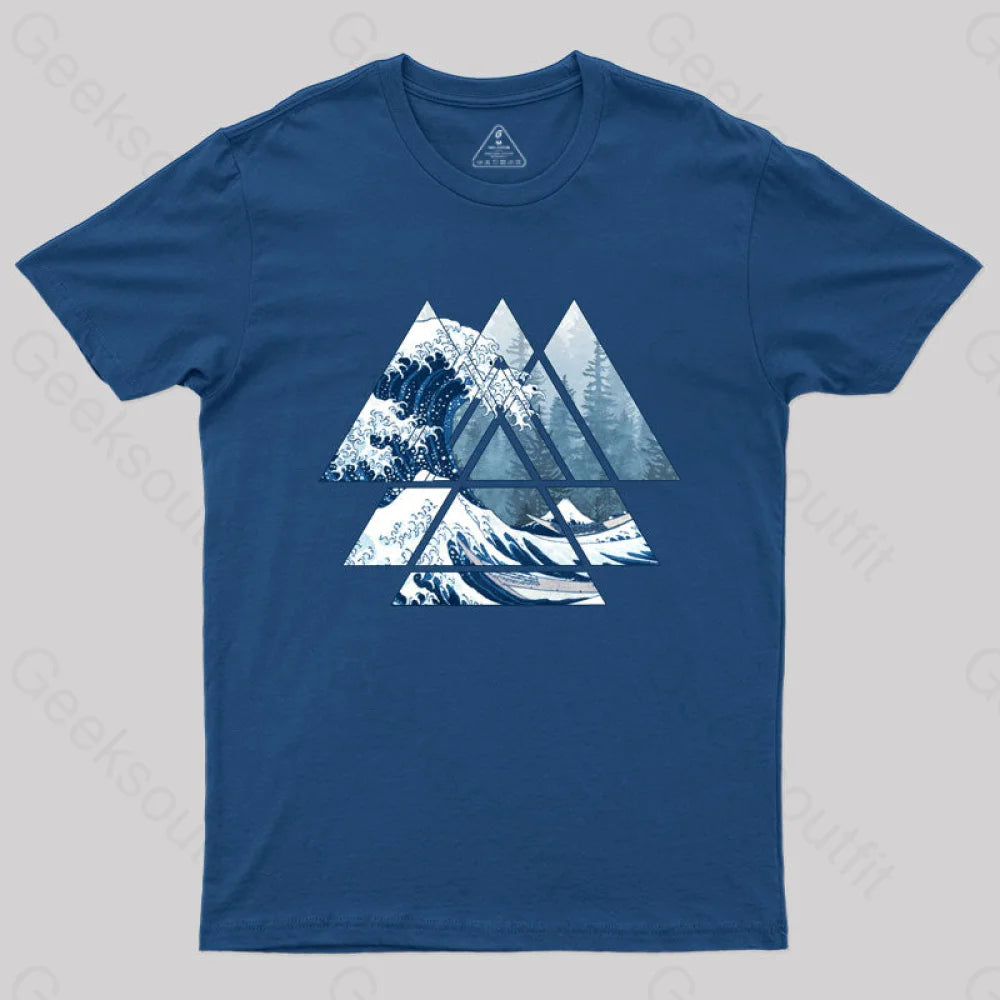 The Great Sacred Geometry Triangles - Misty Forest Wave T-Shirt Navy / S