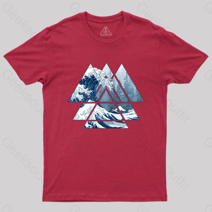 The Great Sacred Geometry Triangles - Misty Forest Wave T-Shirt Red / S